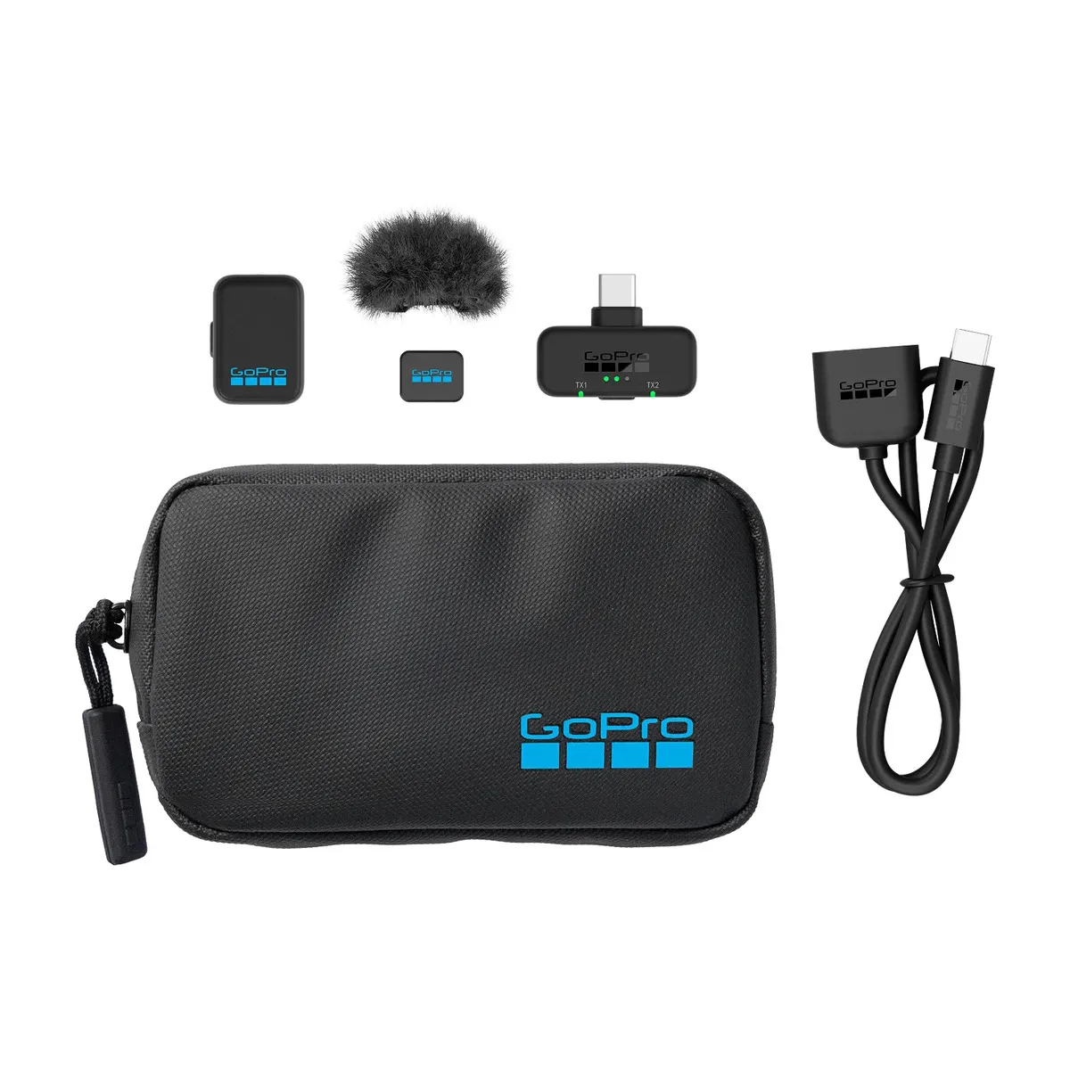 GoPro Wireless Mic USB Kit contents: transmitter, windscreen, magnet, USB-C receiver, charging cable and storage pouch.