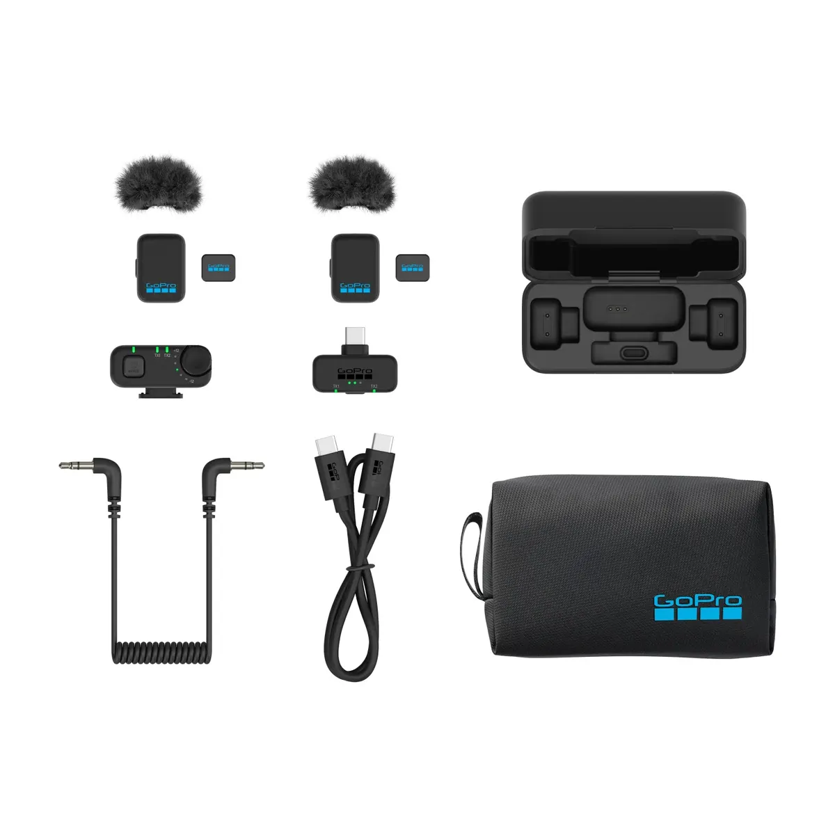 GoPro Wireless Mic Complete Kit contents laid out: two transmitters, two receivers, charging case, cables and pouch.