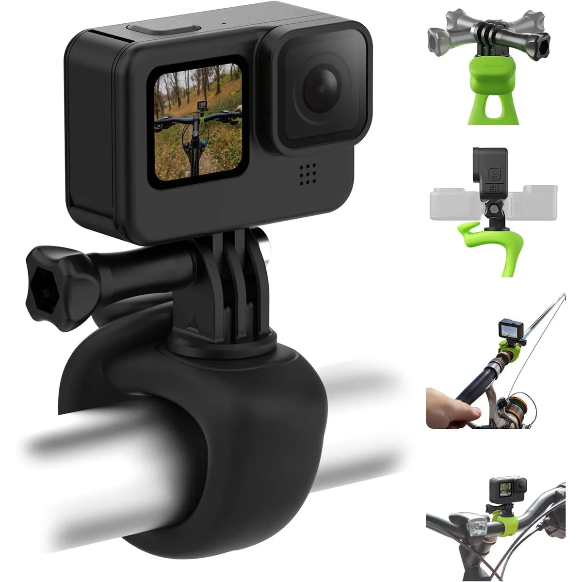 Technical diagram of the 360-degree rotating mount and 180-degree pitch adjustment for flexible action camera positioning.