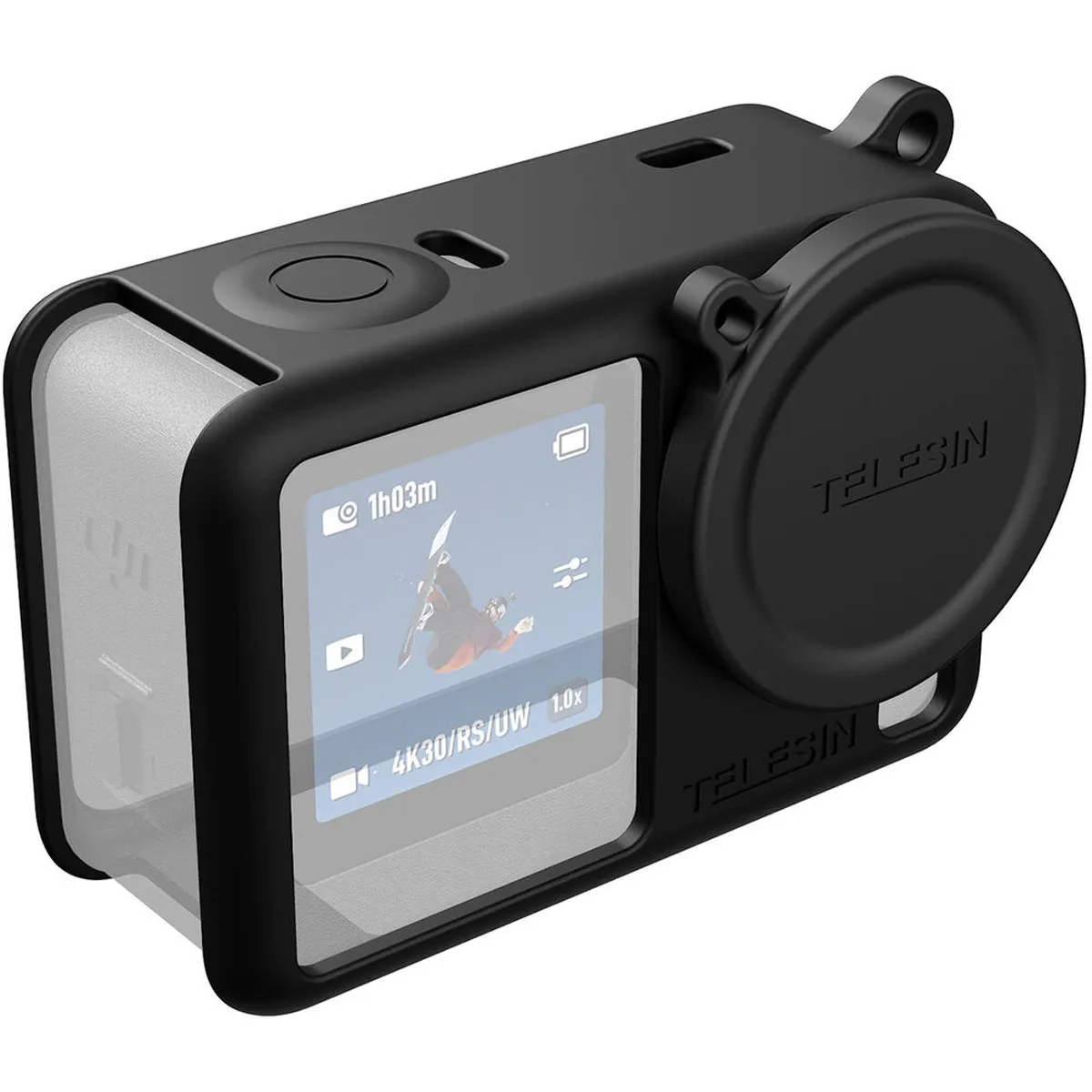 Black TELESIN silicone protective case and matching lens cover seamlessly fitted onto a DJI Osmo Action 6.