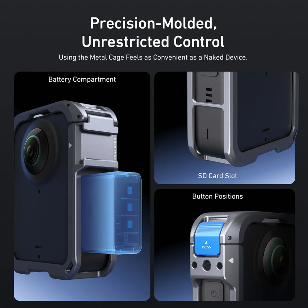 Precision-moulded TELESIN cage for DJI Osmo 360 ensures full access to the battery door, SD card slot, and dual screens.