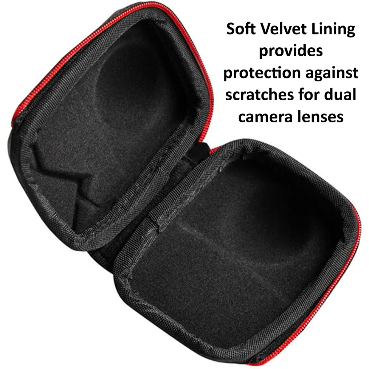Internal view of the TELESIN Osmo 360 case. Soft velvet lining provides protection against scratches for dual camera lenses.