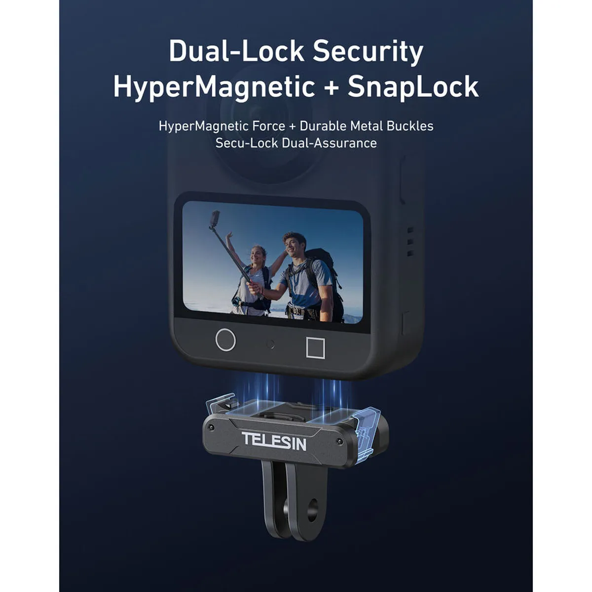 Infographic highlighting the HyperMagnetic force and mechanical SnapLock aluminium latches for secure DJI camera mounting.