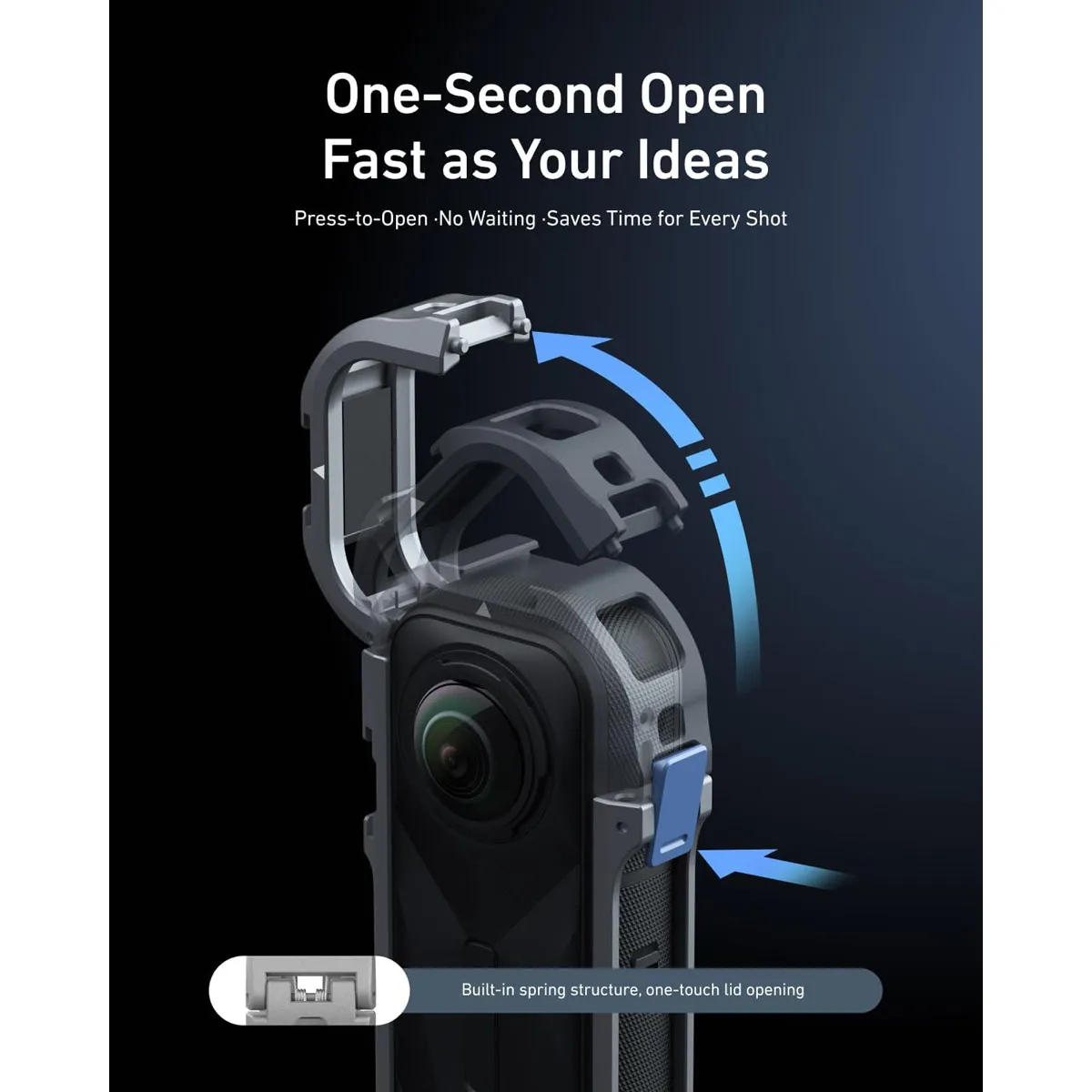 One-second auto-locking side latch on the TELESIN Insta360 X5 cage allows for fast, tool-free camera installation.