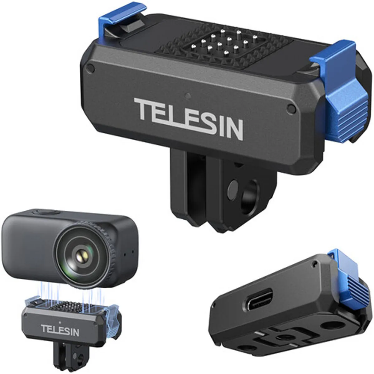 Three angles of the TELESIN magnetic charging adapter base showing the folding 2-prong mount and blue quick-release buttons.