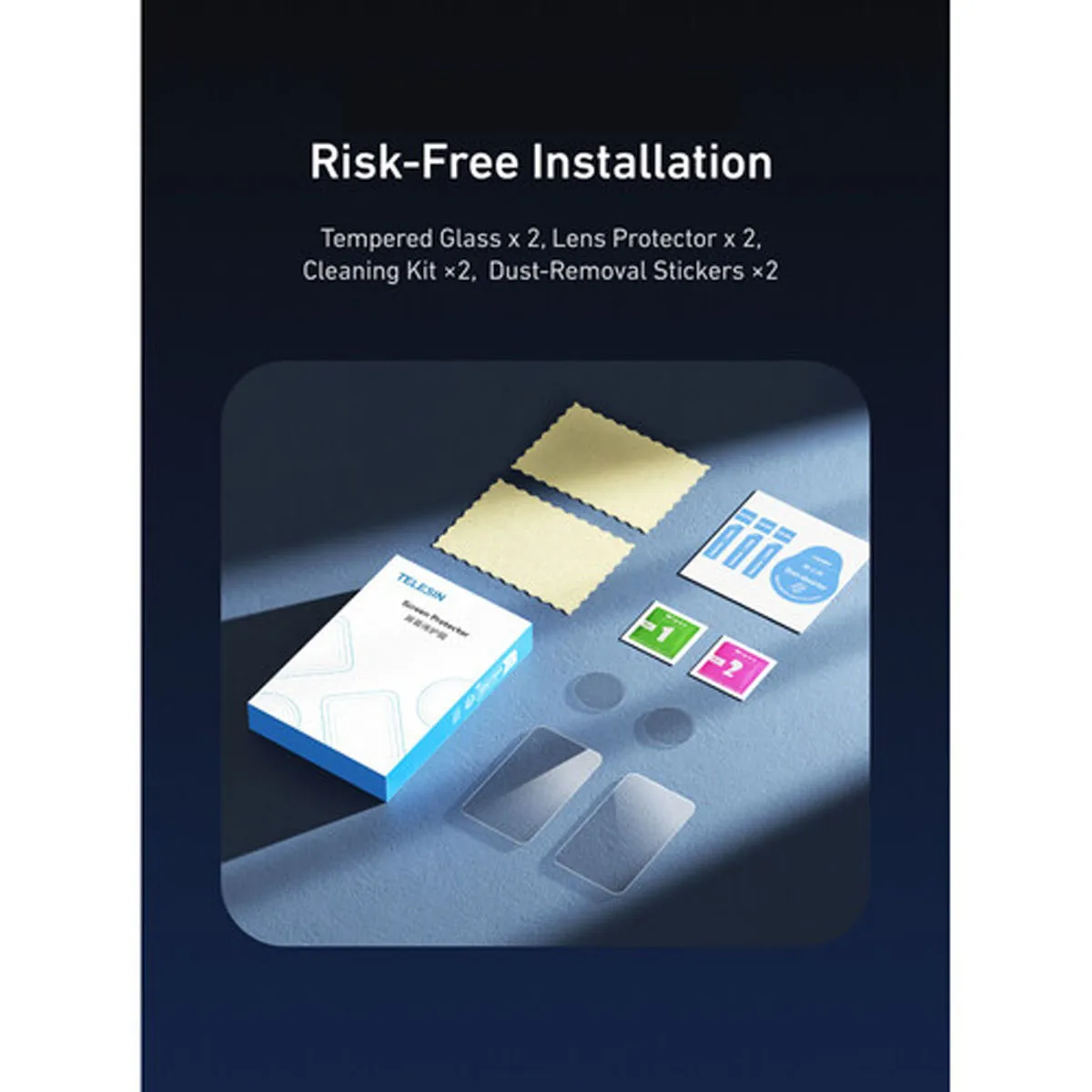 TELESIN Twin Pack installation kit for DJI Osmo Nano with screen protectors, PET lens films, and cleaning wipes.