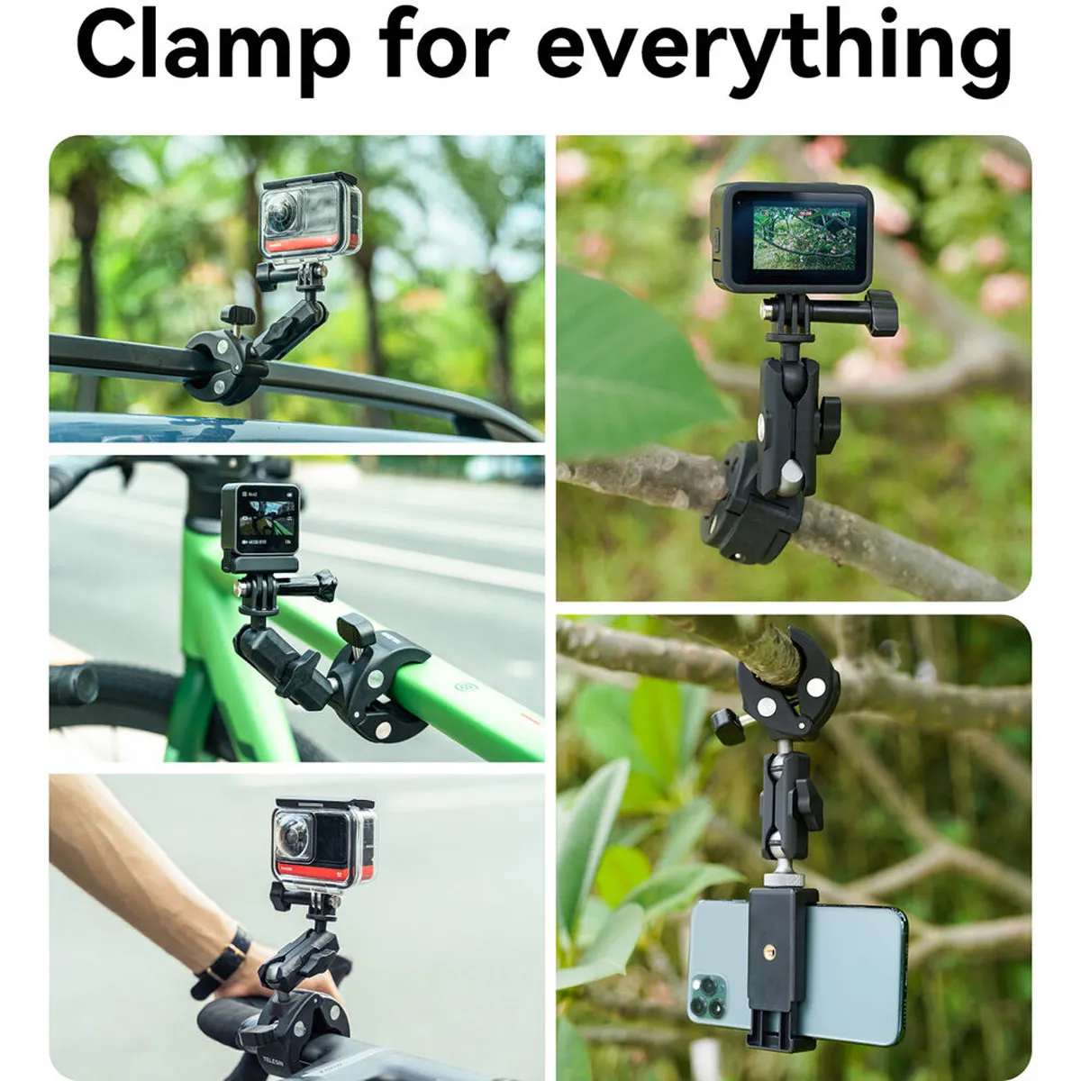 Versatile crab claw mount secured to bicycle handlebars, roof racks, and tree branches for diverse action camera filming.