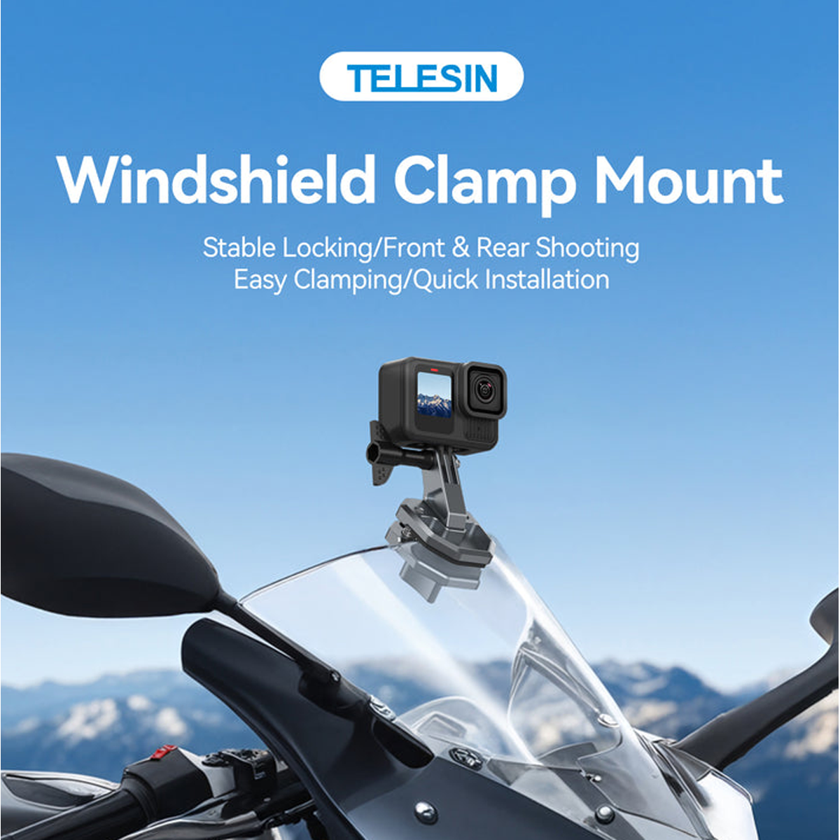 TELESIN windshield clamp mount securing a GoPro camera to a motorcycle screen for stable, high-speed recording.