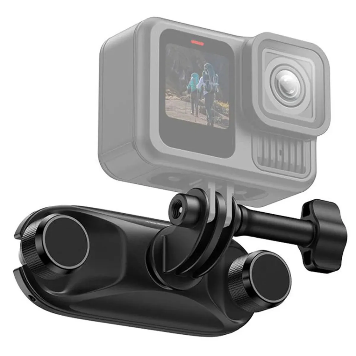 Secure direct-lock TELESIN backpack strap mount with greyed out camera for clear accessory visualisation.