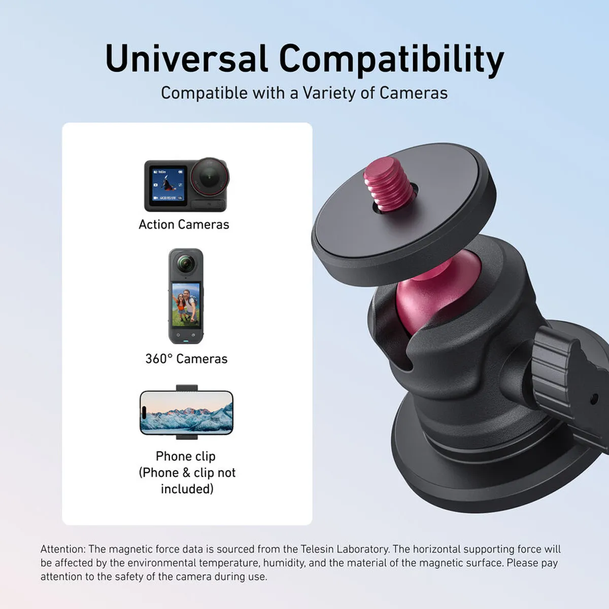 Universal compatibility with action cameras and smartphones via additional phone mount for versatile magnetic filming
