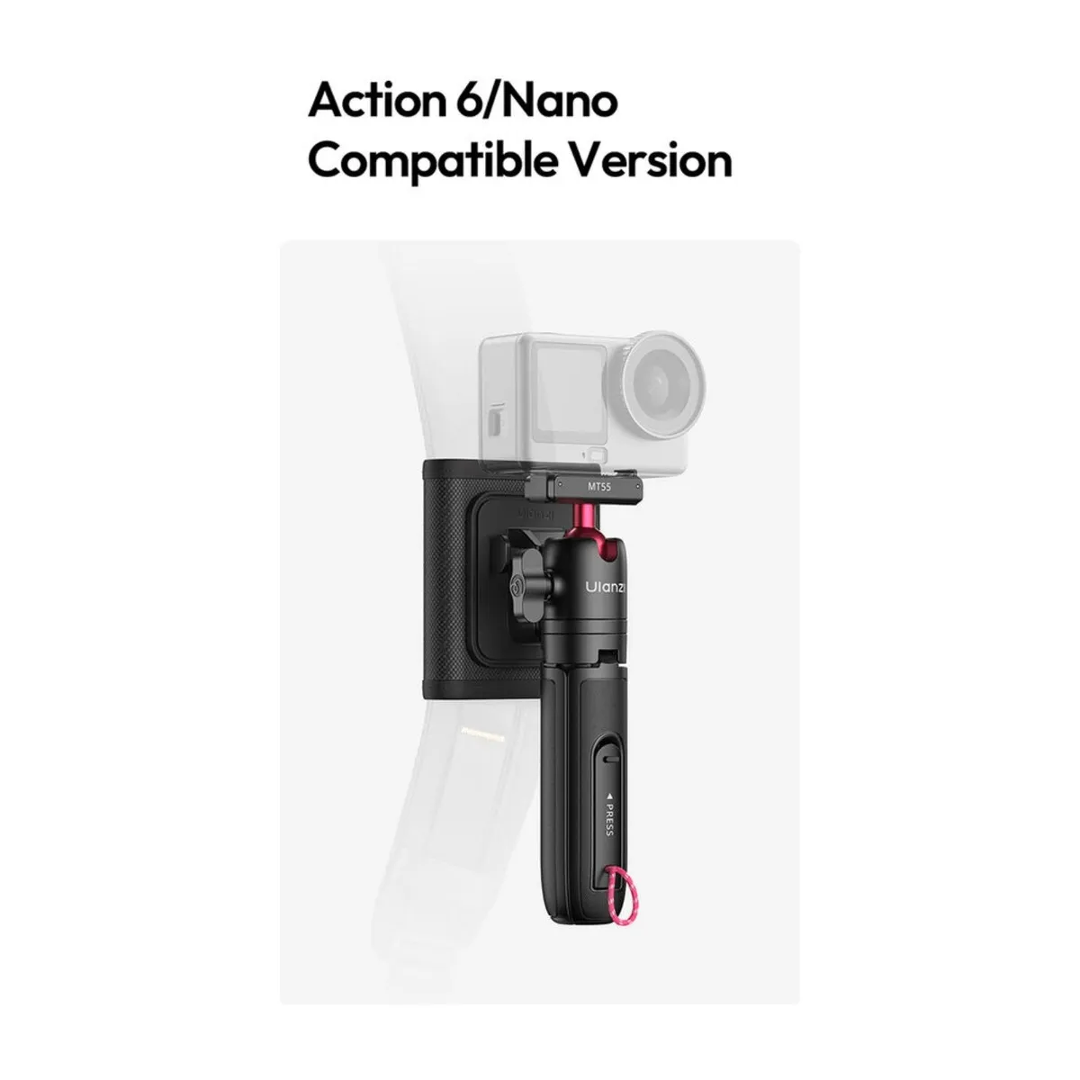 ULANZI SnapGo in the strap mount, the Action 6 and Osmo Nano compatible version of the MT55.