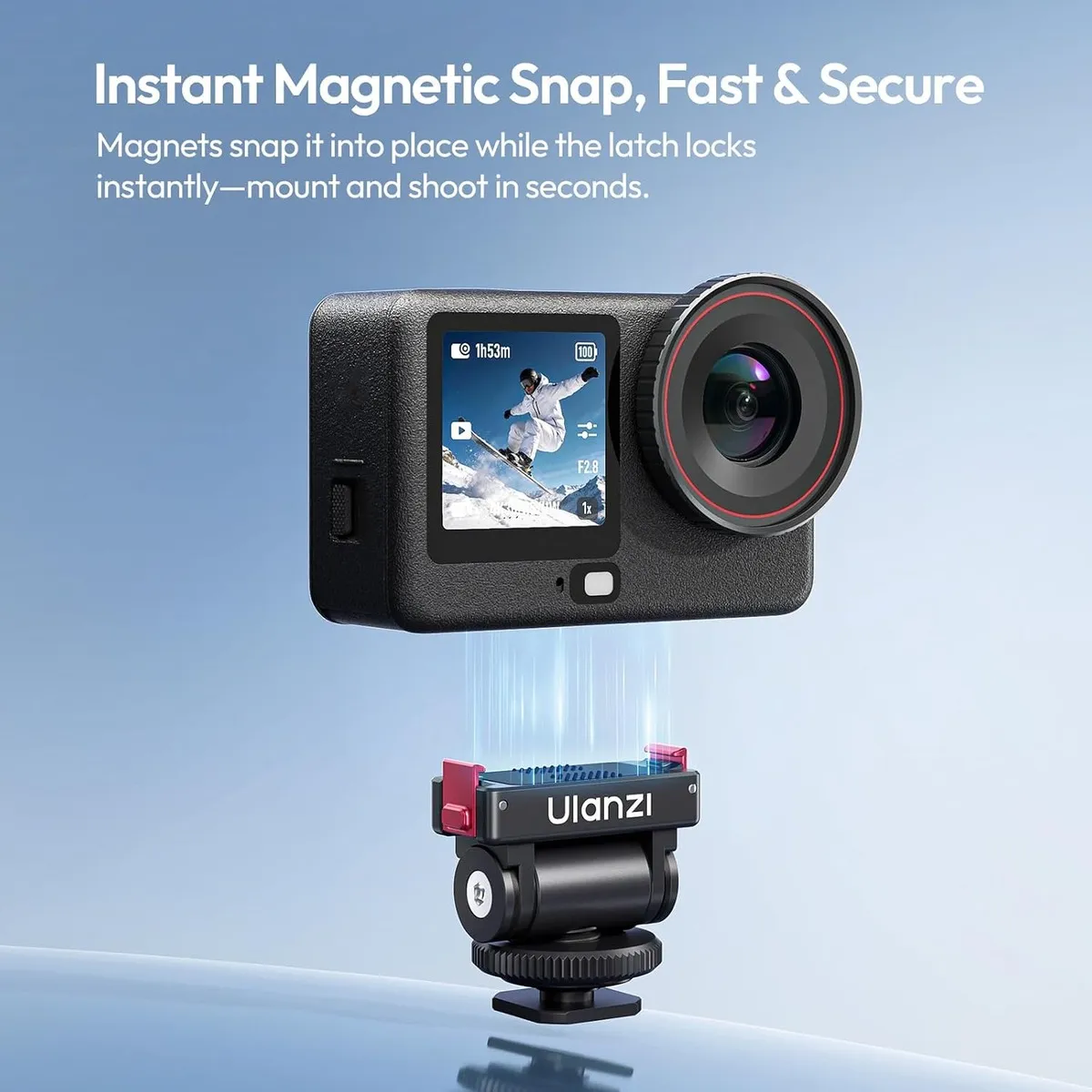 DJI Osmo Action camera snapping onto the magnetic latch plate of the ULANZI OA27 mount.