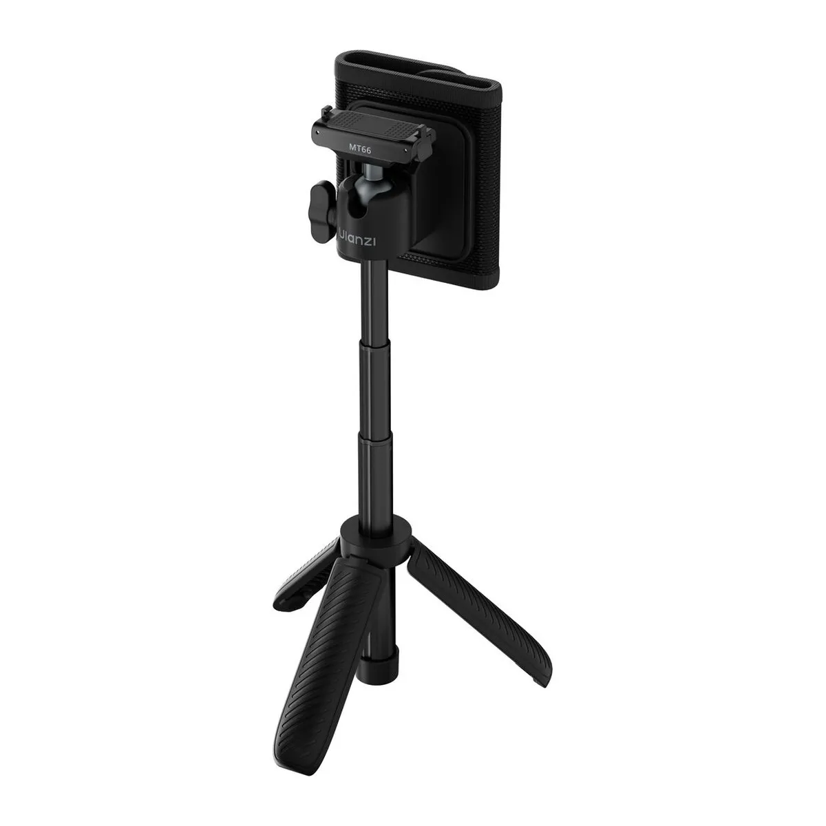 ULANZI ClipMate mini tripod extended, with the hook-and-loop backpack strap mount attached on top.