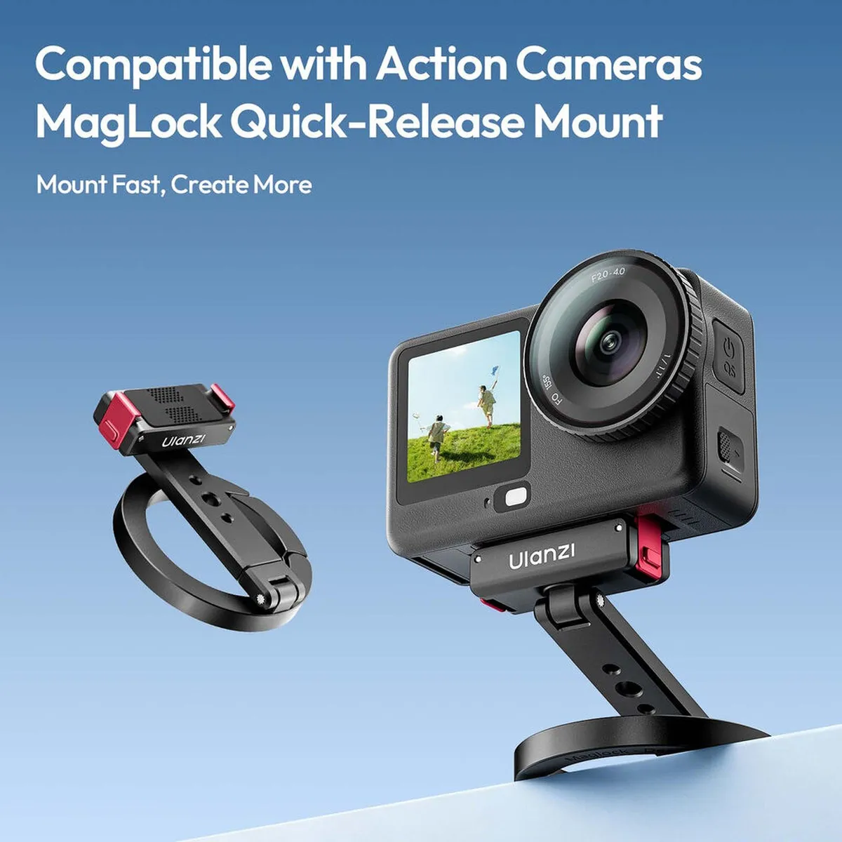 DJI Osmo Action camera snapped onto the ULANZI MagLock mount on a desk, with the folded unit shown alongside.