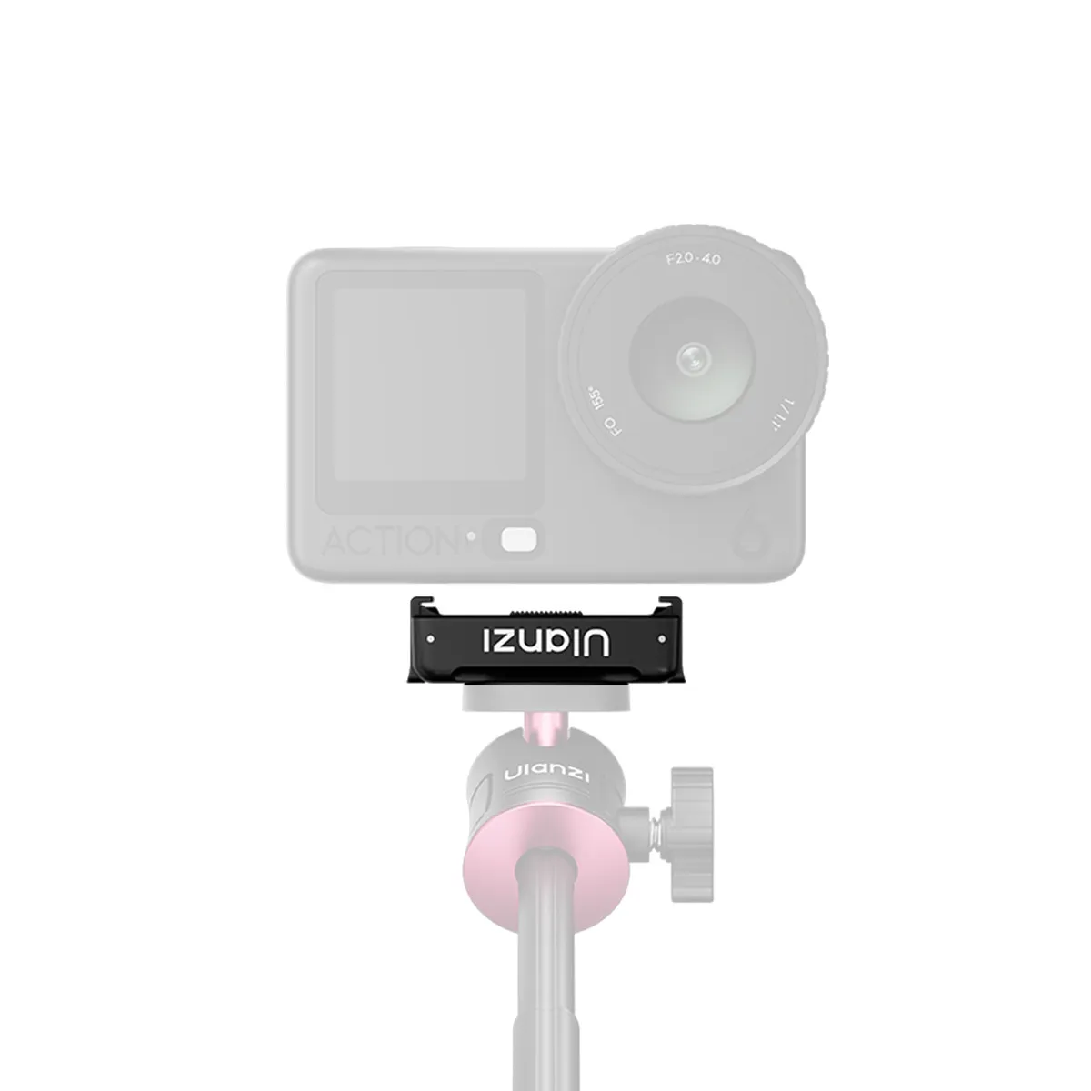 The ULANZI OA26 adapter shown between a DJI Osmo Action 6 and a ball head, both greyed out as not included.