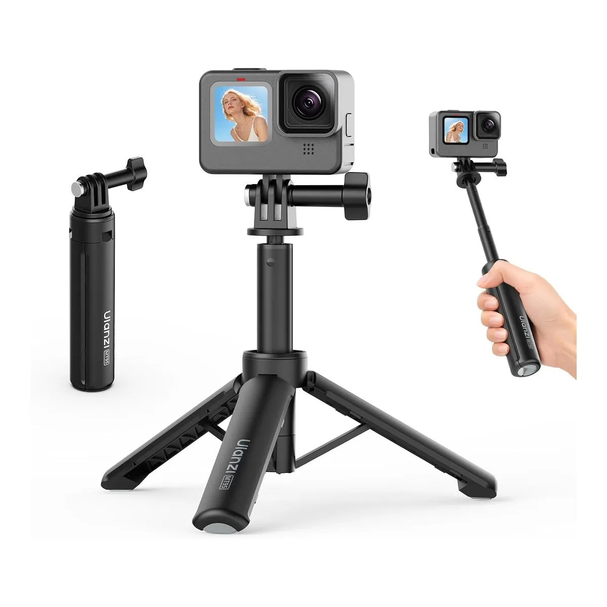 The ULANZI MT95 shown folded, standing as a tripod with a GoPro fitted, and extended as a handheld pole.