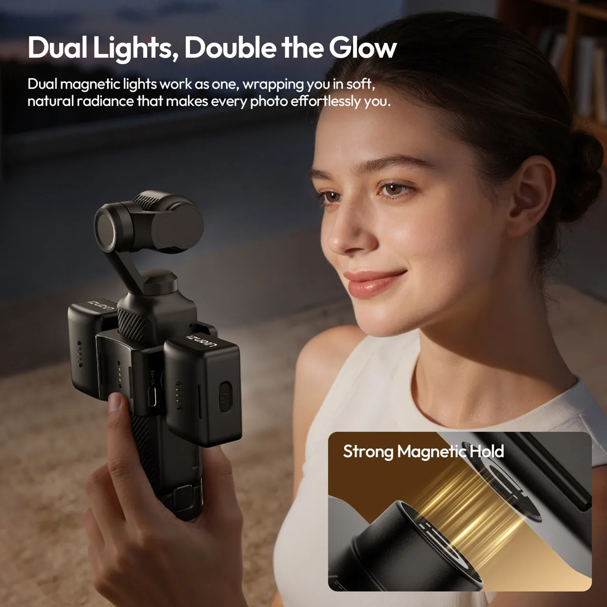 ULANZI LM06 fill lights in use on a DJI Osmo Pocket camera, lighting a face evenly from both sides.