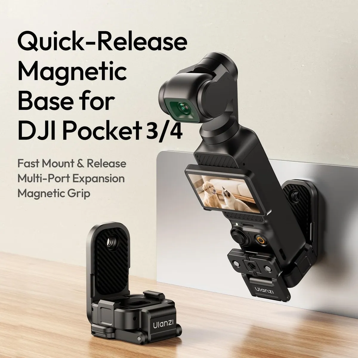 ULANZI PK16 mount holding a DJI Osmo Pocket 3 on an upright steel panel, with the folded mount beside it.