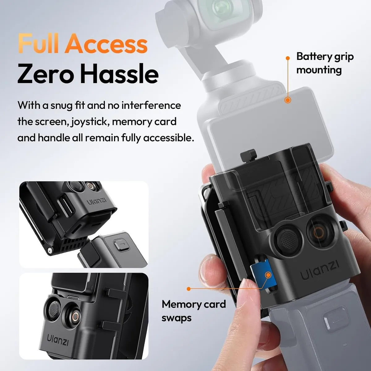DJI Osmo Pocket fitting into the ULANZI PK15, leaving the battery grip mount and memory card slot clear.