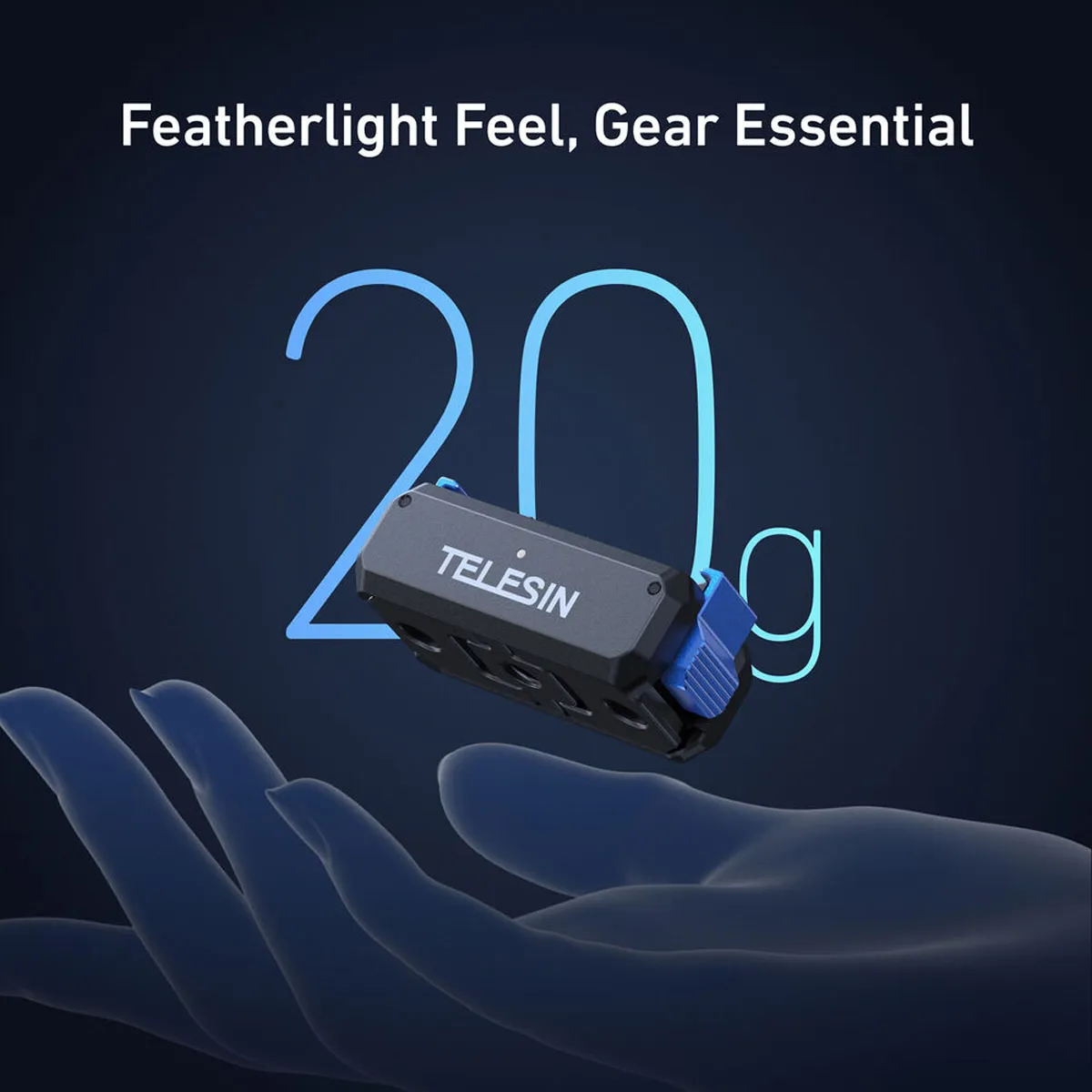 Ultra-lightweight 20g TELESIN magnetic charging adapter base shown hovering over a hand.