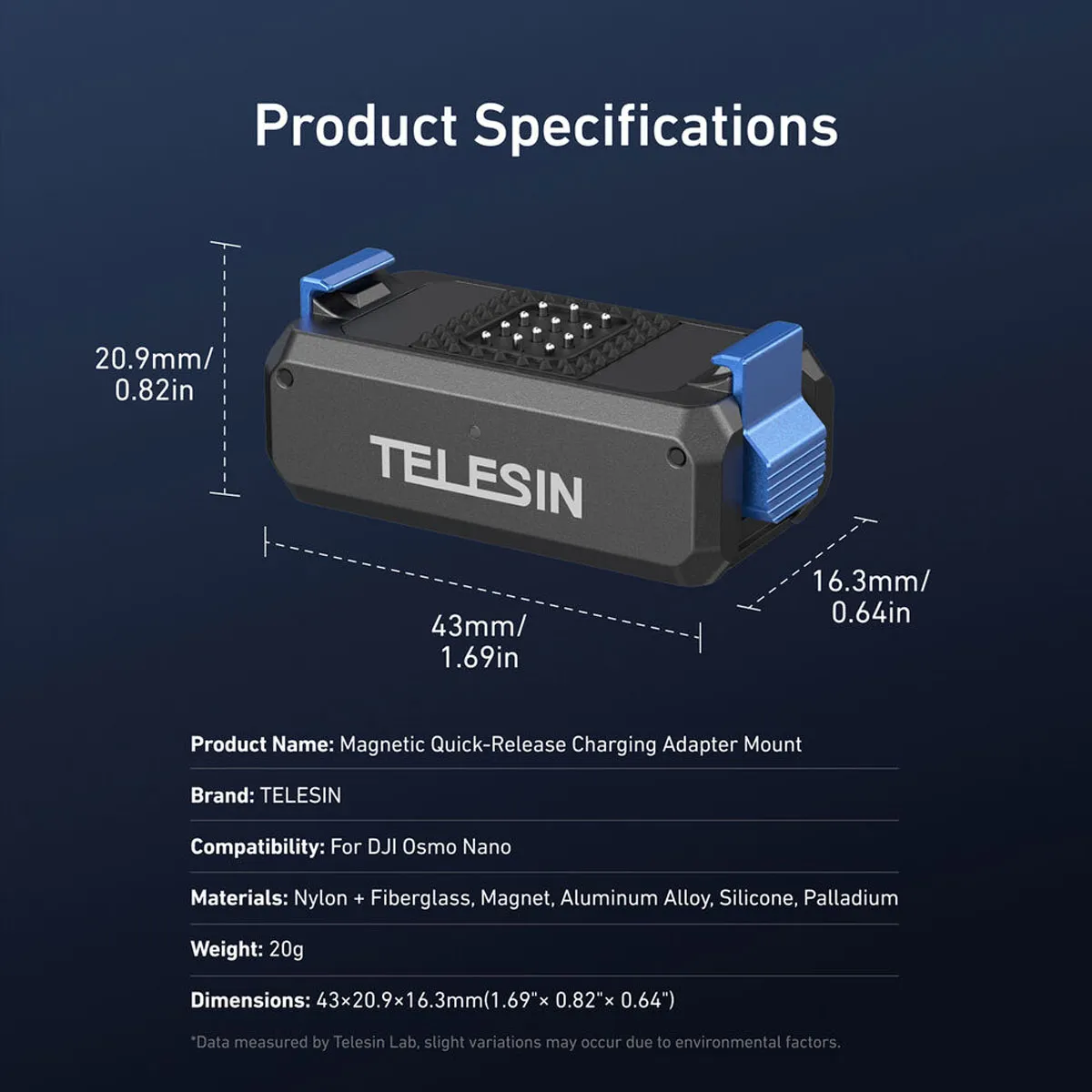 Specifications and dimensions for the TELESIN Magnetic Quick Release Charging Base Mount (model S7-JBK-17-TDJ).
