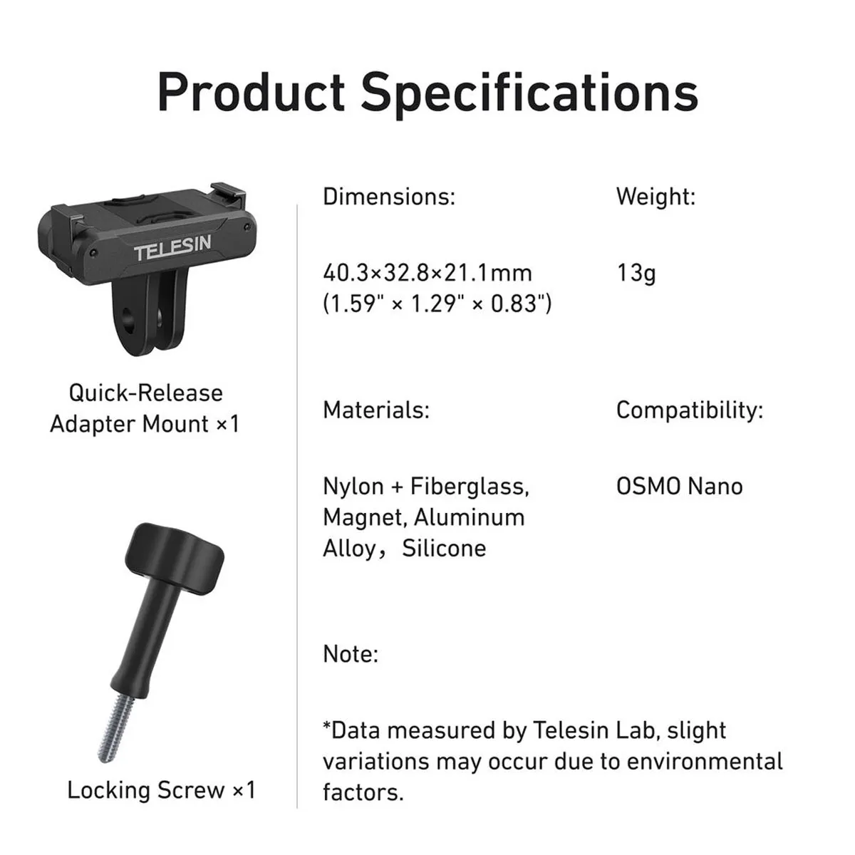 Compact 40.2mm x 32.8mm dimensions of the Telesin DJI Action 6 quick release mount.