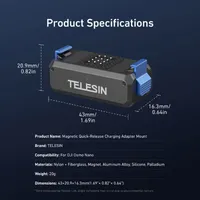 Specifications and dimensions for the TELESIN Magnetic Quick Release Charging Base Mount (model S7-JBK-17-TDJ).