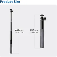 Comparison graphic showing the Telesin selfie stick at its 232mm folded length and 654mm fully extended.