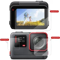 Diagram showing the precise fitment of tempered glass on the Insta360 ACE lens and dual displays.