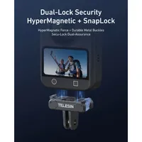 Infographic highlighting the HyperMagnetic force and mechanical SnapLock aluminium latches for secure DJI camera mounting.