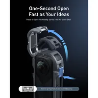 One-second auto-locking side latch on the TELESIN Insta360 X5 cage allows for fast, tool-free camera installation.