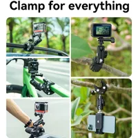 Versatile crab claw mount secured to bicycle handlebars, roof racks, and tree branches for diverse action camera filming.