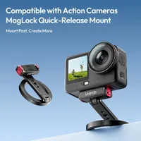 DJI Osmo Action camera snapped onto the ULANZI MagLock mount on a desk, with the folded unit shown alongside.