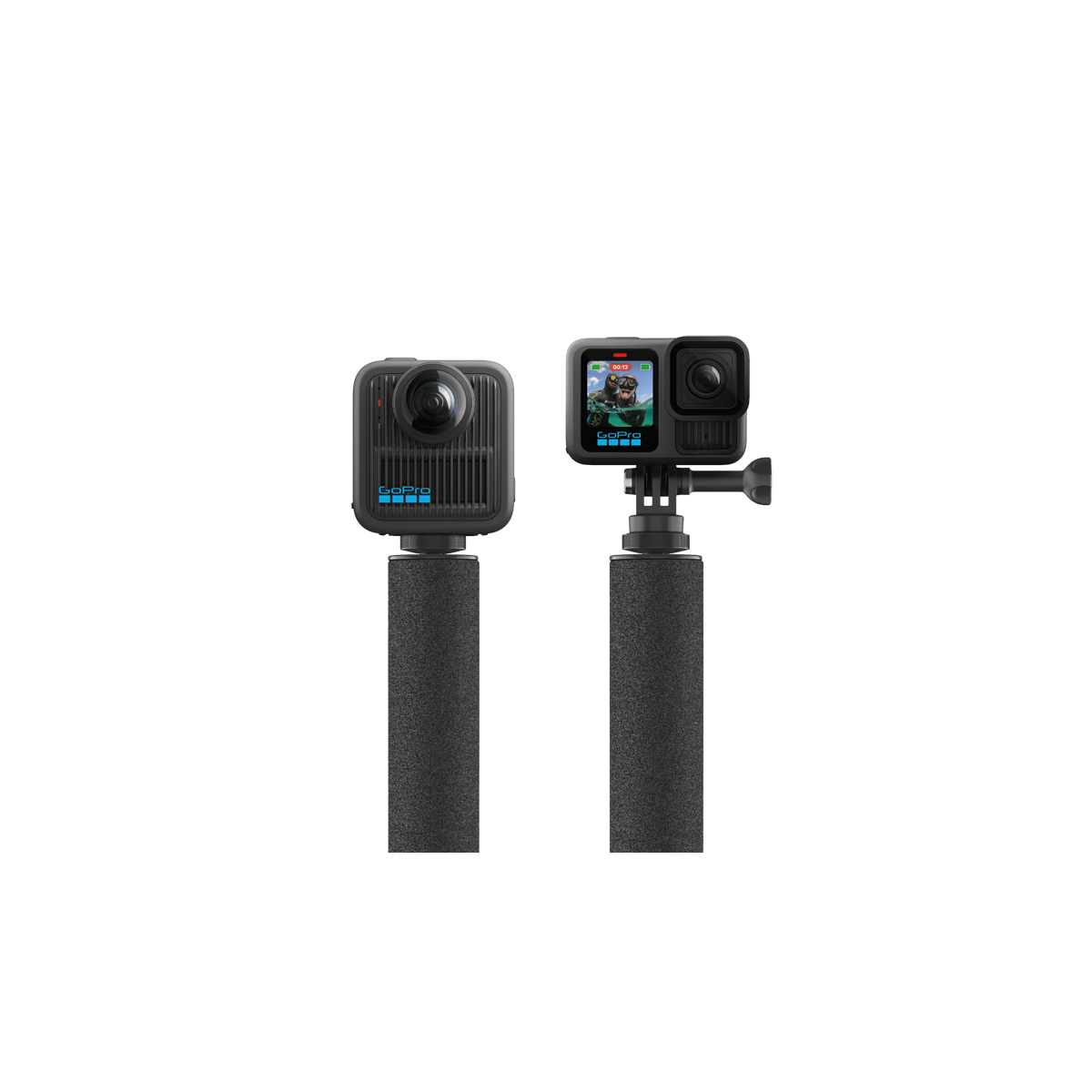 GoPro 80cm Floating Extension Pole with 1/4-inch and finger adapter mounting shown side by side.