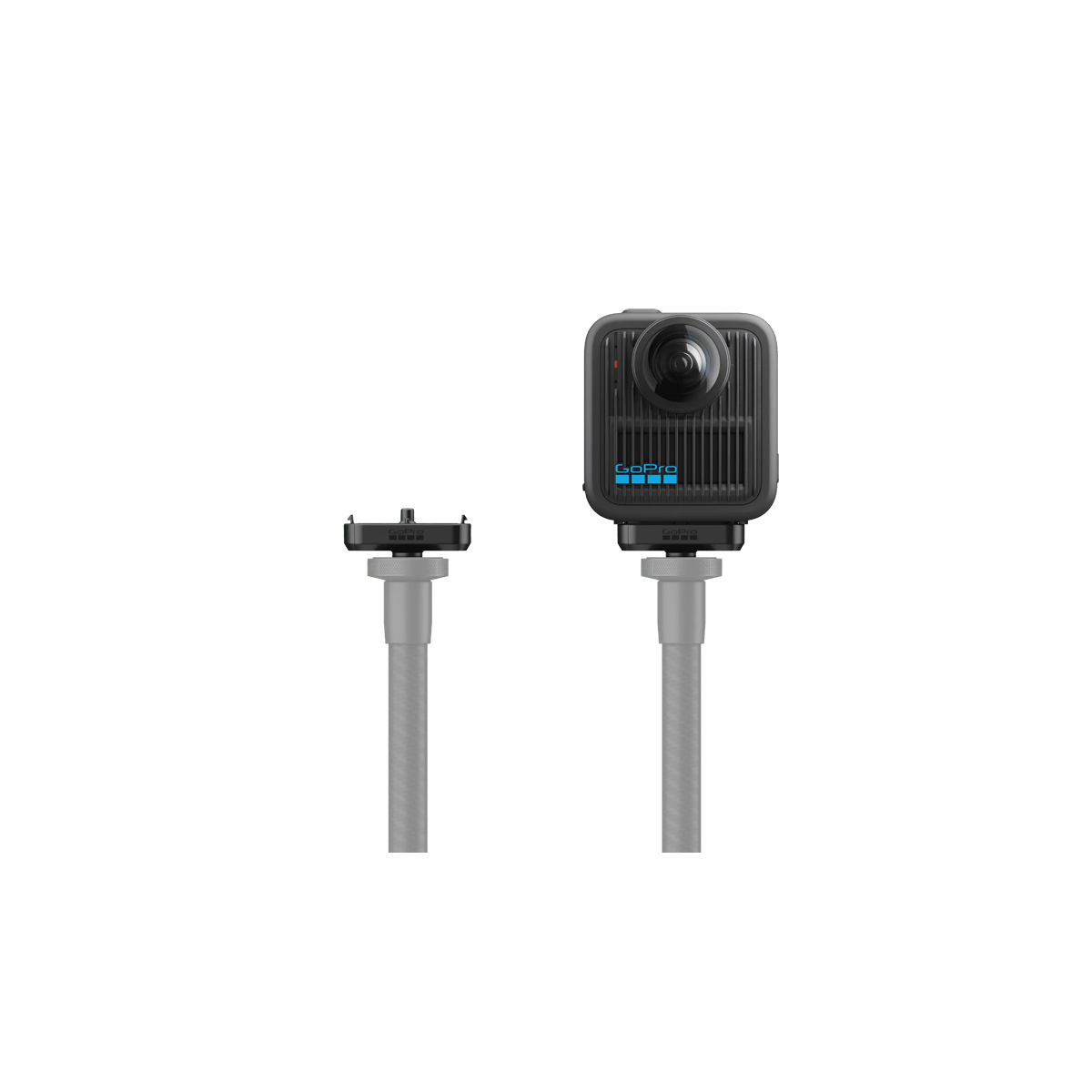 GoPro Magnetic Latch to 1/4-20 Mount shown on a pole and with a 360 Camera connected.