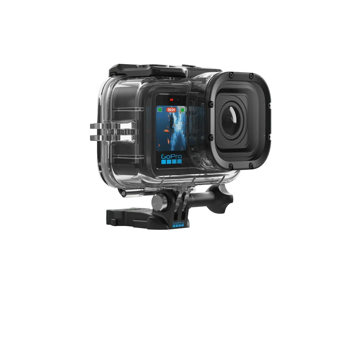 GoPro Protective Housing fitted with a MISSION 1 camera, angled view.