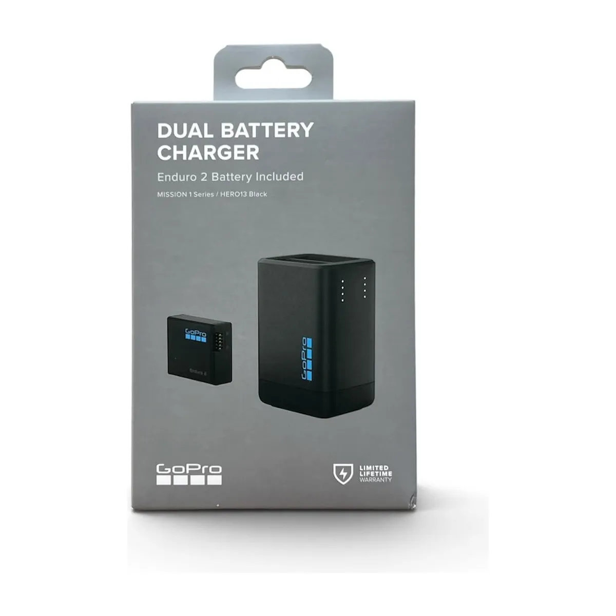 GoPro Dual Battery Charger retail box front, Enduro 2 battery included, for Mission 1 Series and HERO13 Black.