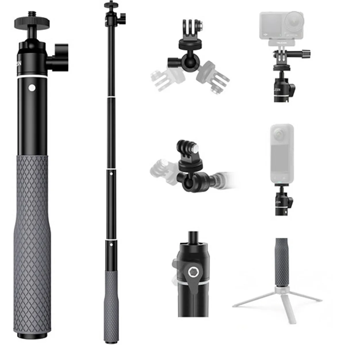 Product collage showing the Telesin pole used as a tripod extension and with various action camera mounts.