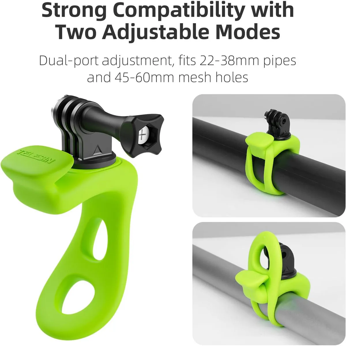 Demonstration of the dual-locking system fitting bar diameters from 22mm to 60mm on bikes, poles, and sports equipment.