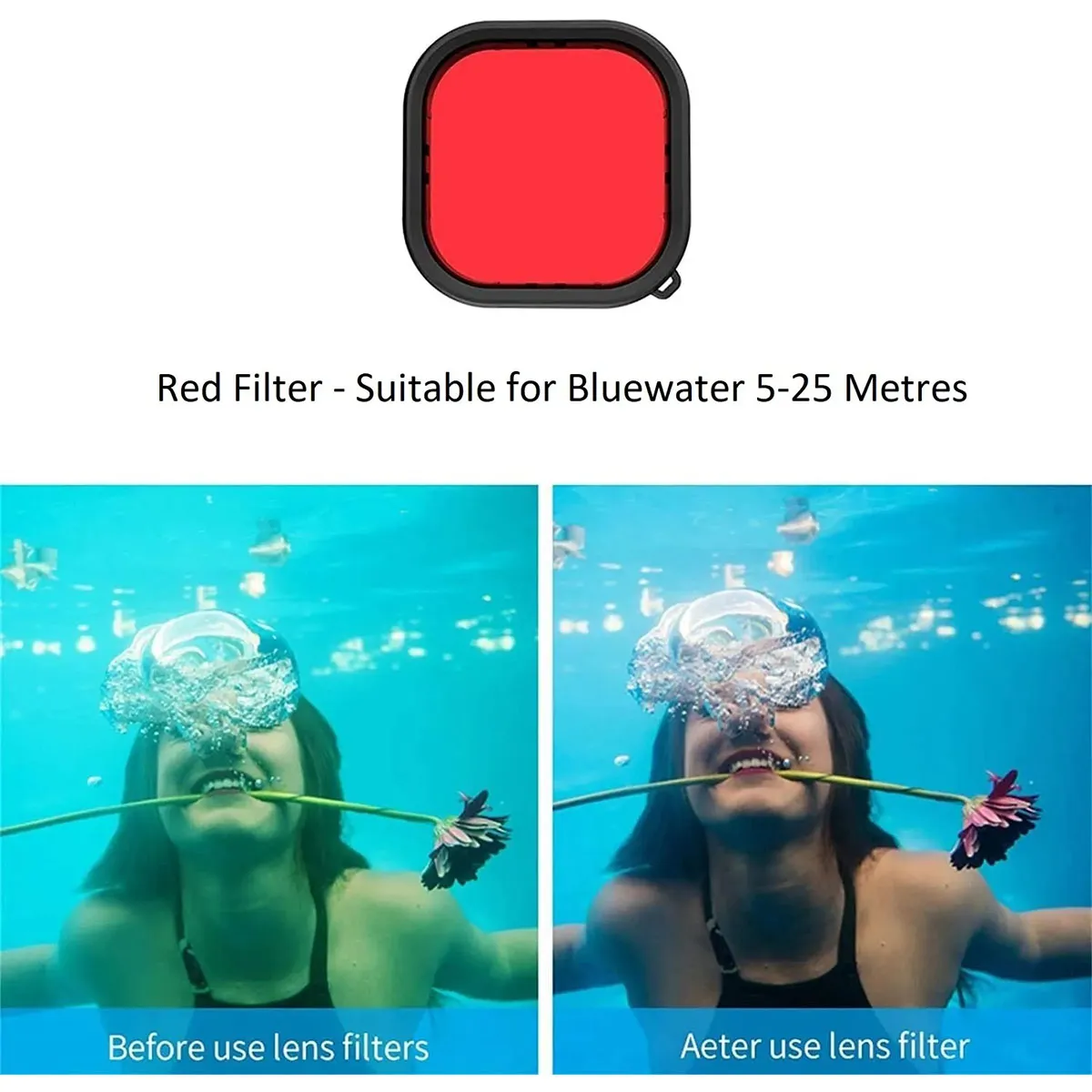 TELESIN GP-FLT-801 red filter shown correcting blue-green colour cast in bluewater at 5 to 25 metres depth.