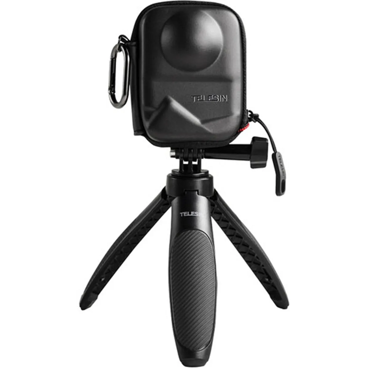 TELESIN case for DJI Osmo 360 features an open-zippered base to allow protection while attached to a tripod or mount.
