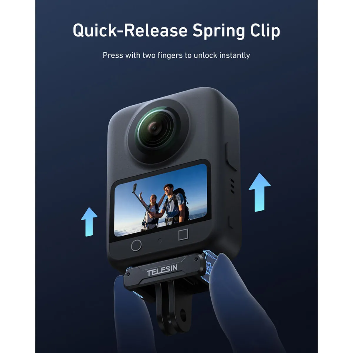 Graphic demonstrating the two-finger quick-release spring clip for instant camera swaps on DJI Osmo 360 and Action series.