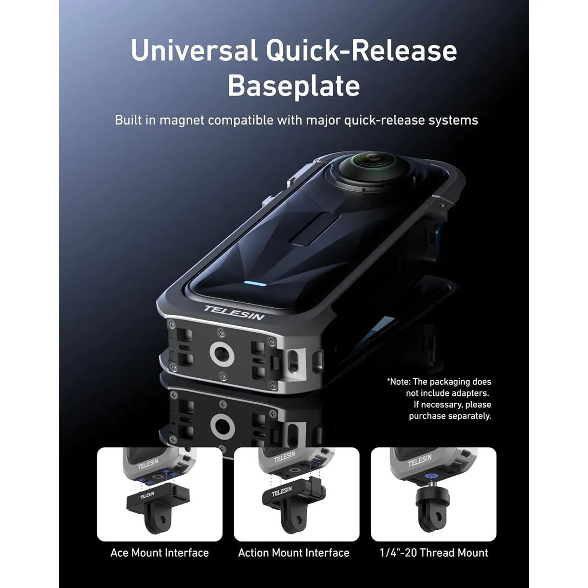 Universal baseplate for Insta360 X5 features magnetic Ace mount slots and a standard 1/4-inch tripod thread.