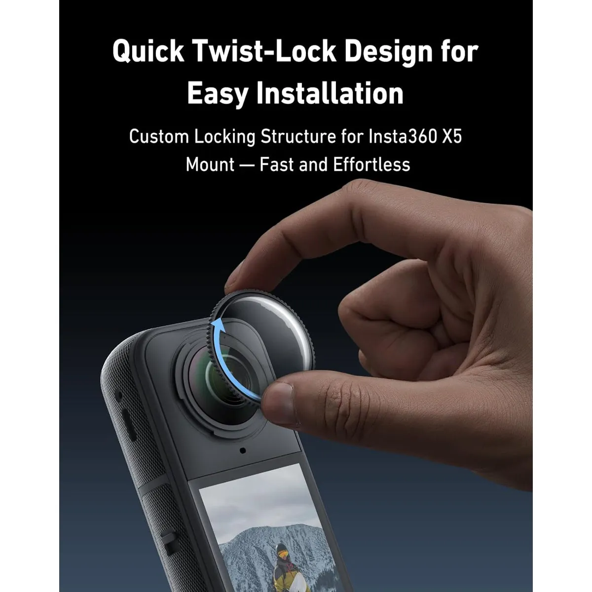 Quick twist-lock custom structure on TELESIN Insta360 X5 guards allowing for fast and effortless adhesive-free installation.