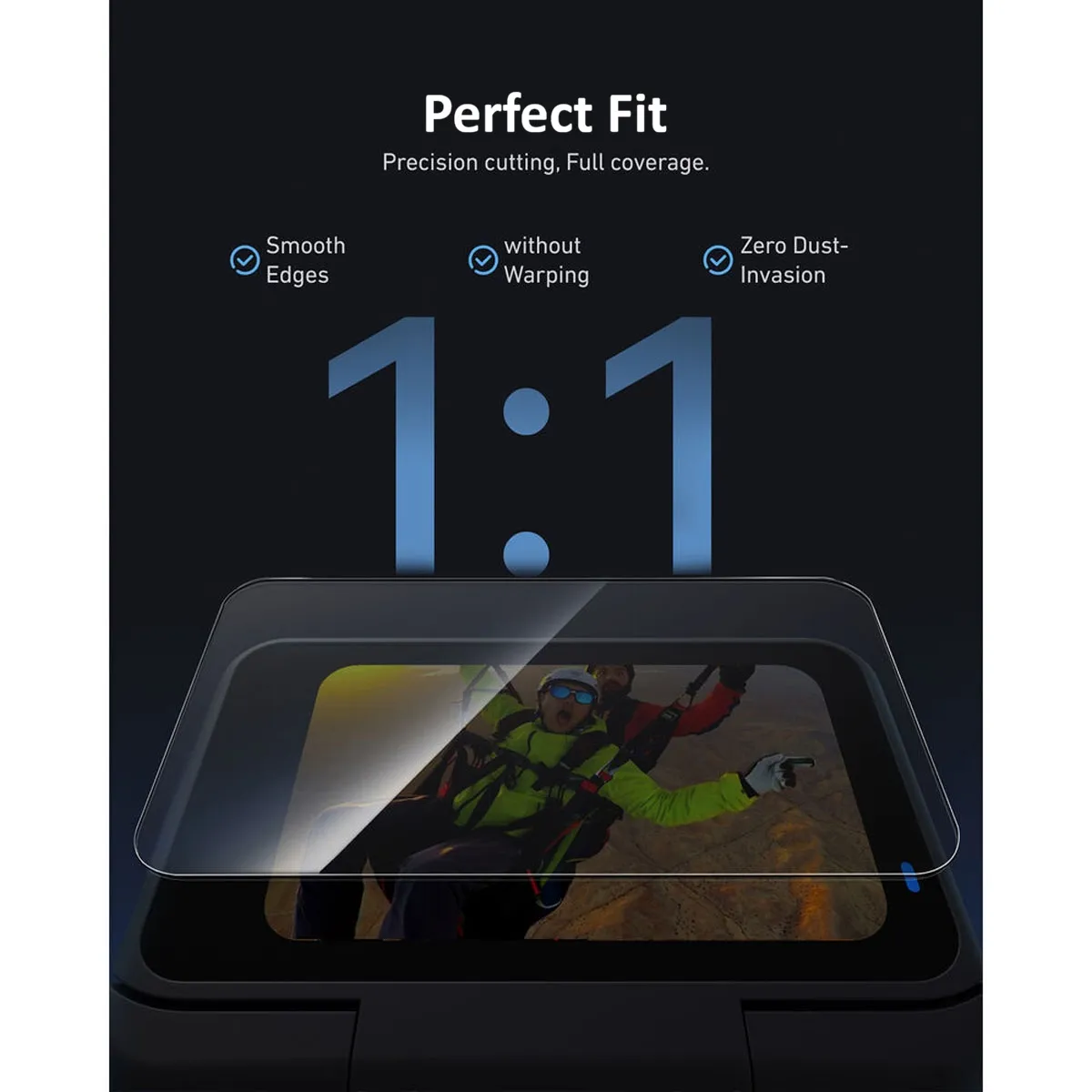 Precision cut 1:1 perfect fit of the TELESIN glass screen protector for the Insta360 GO Ultra action camera display.