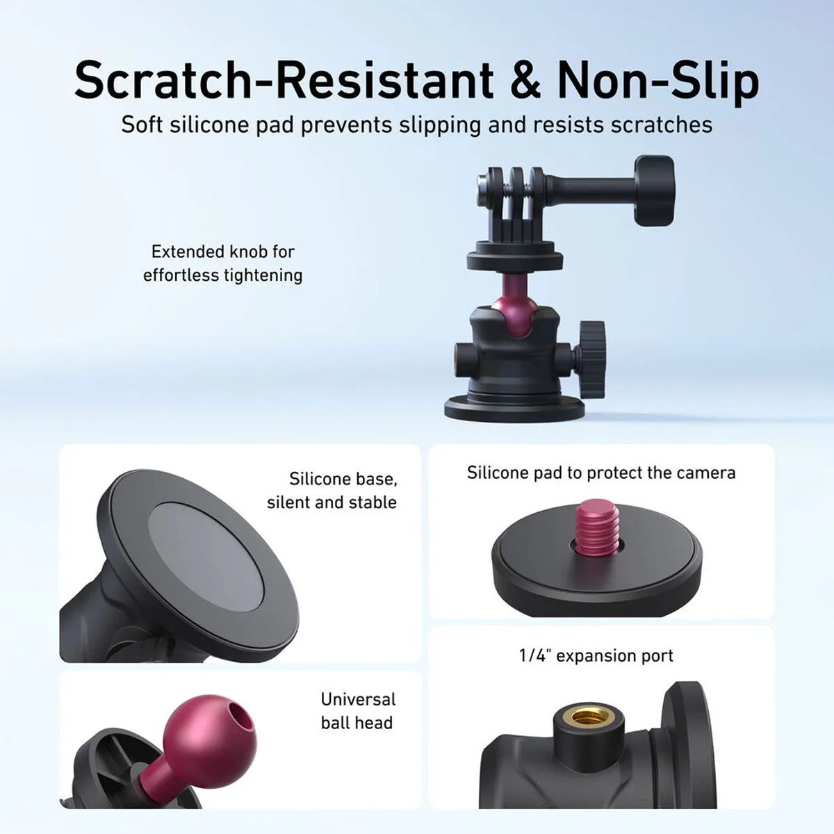 Scratch-resistant silicone pads and extended knob for easy tightening on the TELESIN magnetic ballhead camera mount.
