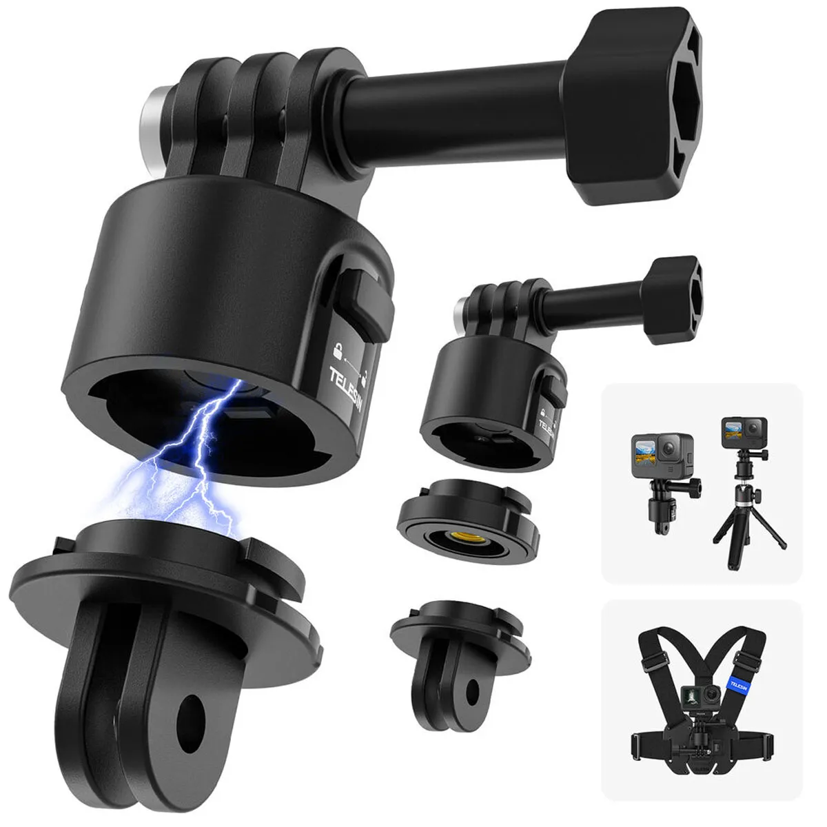 Exploded view showing the TELESIN magnetic top mount and interchangeable quick release bases for seamless gear switching.