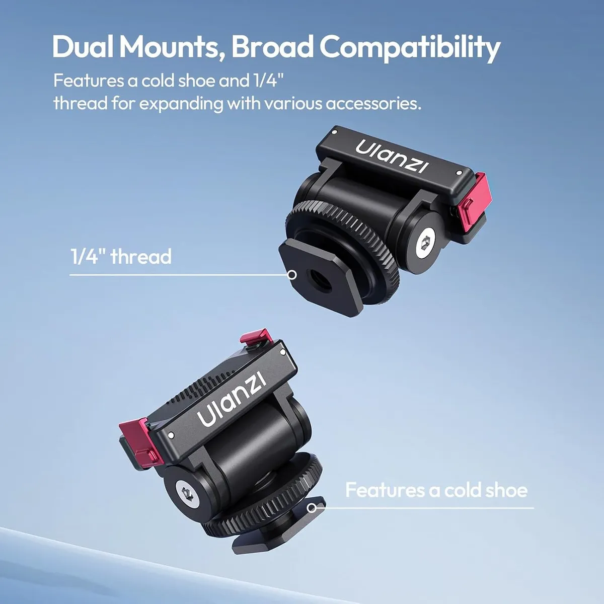 ULANZI OA27 base showing both mounting options, a 1/4 inch-20 thread and a cold shoe foot.