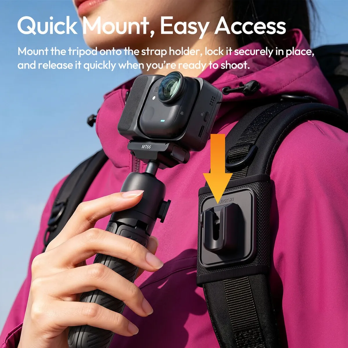 The ULANZI ClipMate lifting off a strap mount on a backpack shoulder strap, with an Insta360 GO Ultra camera fitted.