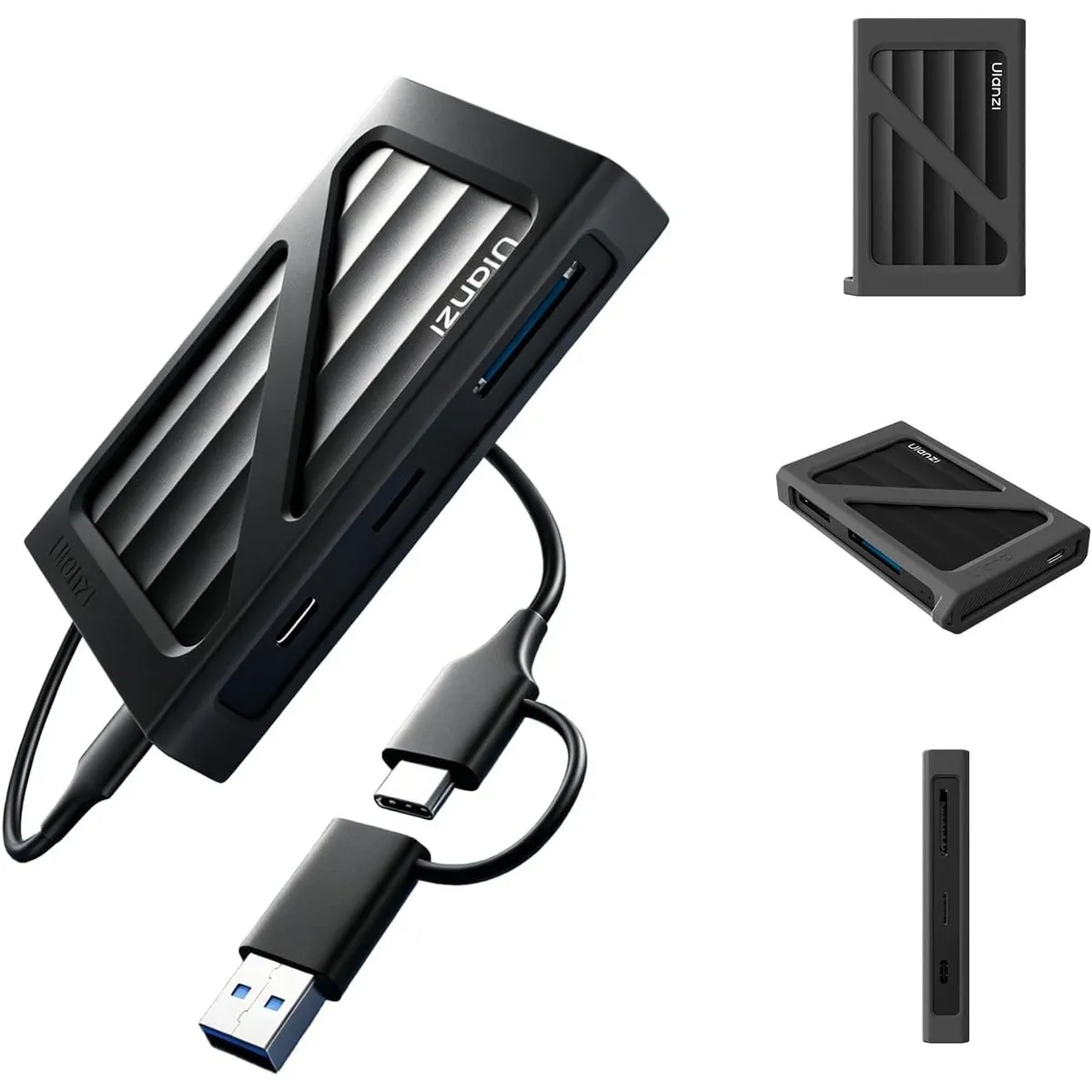 ULANZI DC04 card reader with protective rubber sleeve and the dual USB-C to USB-A cable.